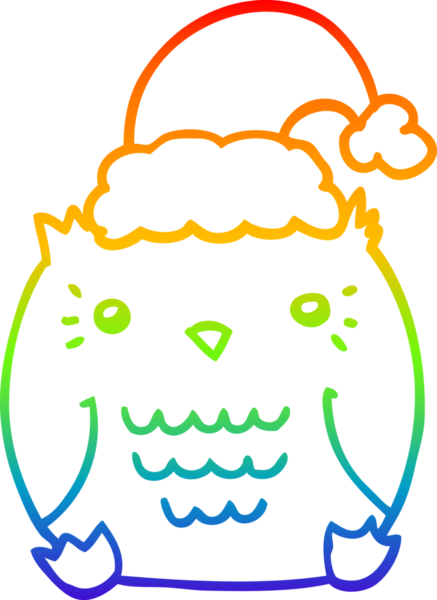 Gökkuşağı gradyan çizgisi. Bir insan tarafından çizilmiş Noel şapkası takan sevimli bir baykuş çizimi.