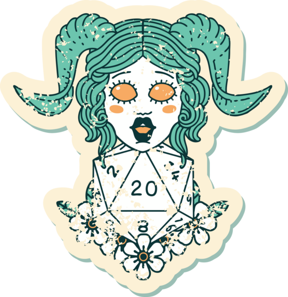 Bir insan tarafından çizilmiş doğal yirmilik zarla süslenmiş grunge çıkartması.