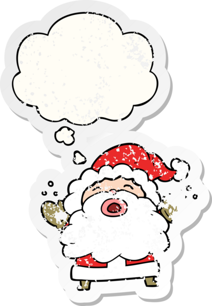 Çizgi film Noel Baba, insan tarafından çizilmiş yıpranmış bir çıkartma gibi düşünce balonuyla bağırıyor.