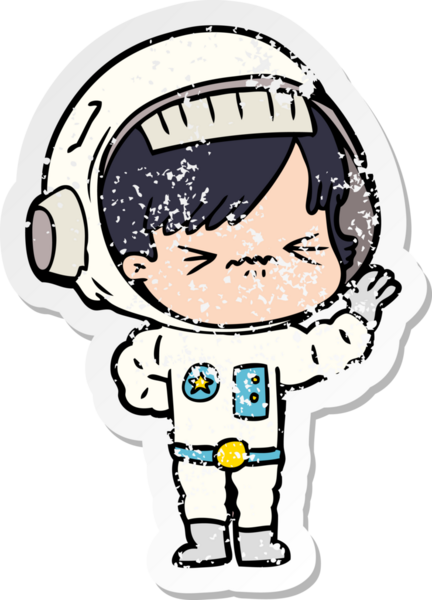 Bir insan tarafından çizilmiş karikatür astronot kadının sıkıntılı çıkartması.