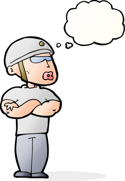 Bir insan tarafından çizilmiş düşünce kabarcığı olan çizgi film güvenlik görevlisi.