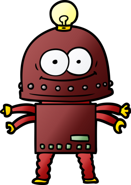 Bir insan tarafından çizilmiş ampullü mutlu karton robot.