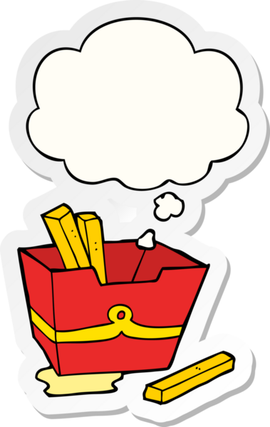 İnsan tarafından çizilmiş bir çıkartma olarak düşünce baloncuklu patates kızartması kutusu.