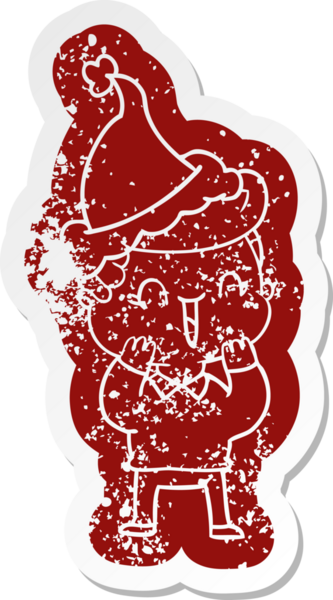 Bir insan tarafından çizilmiş Noel Baba şapkası takan, gülen bir çocuğun garip karikatürü.