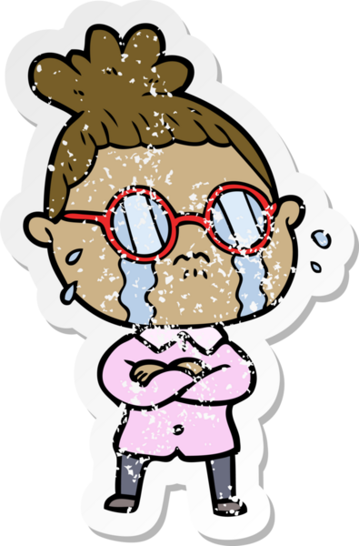 Bir insan tarafından çizilmiş gözlüklü, ağlayan bir karikatür çıkartması.