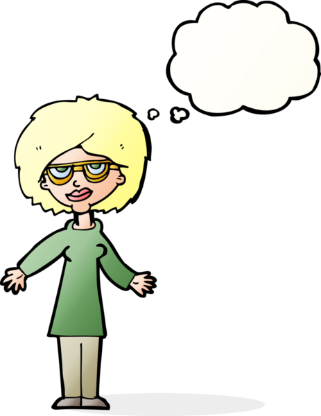 Bir insan tarafından çizilmiş düşünce balonlu gözlük takan çizgi film kadını.