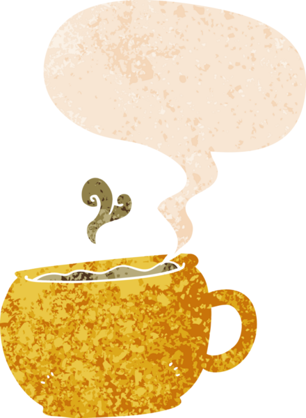 Bir insan tarafından çizilmiş grunge dertli retro desenli konuşma balonlu çizgi film kahve fincanı.