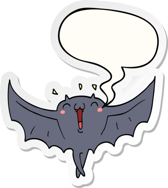 Bir insan tarafından çizilmiş konuşma balonu çıkartmalı mutlu vampir yarasa çizgi filmi.