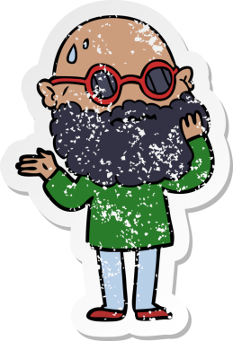 Bir insan tarafından çizilmiş sakallı ve güneş gözlüklü endişeli bir karikatür çıkartması.