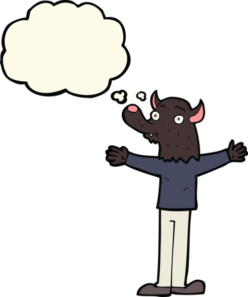 Bir insan tarafından çizilmiş düşünce baloncuğu olan karikatür dostu kurt adam.