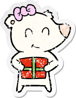 Bir insan tarafından çizilmiş Noel hediyeli dişi kutup ayısının kederli çıkartması.