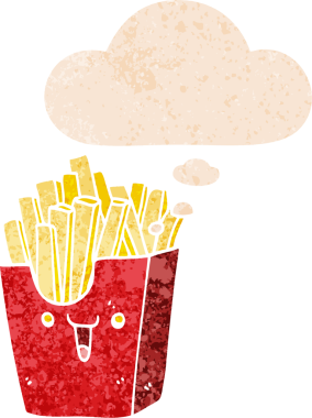 Hoş bir patates kızartması kutusu. Düşünce baloncuğu ve grunge dertli retro desenli bir insan çizimi.