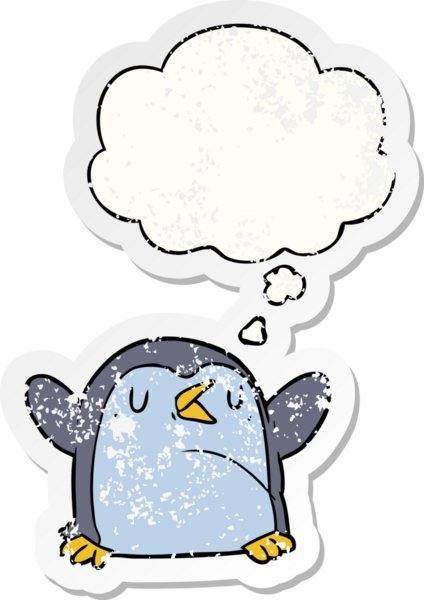Düşünce baloncuğu olan karikatür pengueni insan tarafından çizilmiş yıpranmış bir çıkartma.