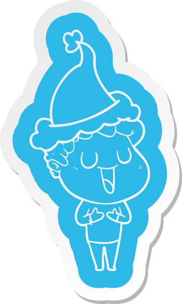 Bir insan tarafından çizilmiş Noel Baba şapkası giyen bir adamın komik çizgi film çıkartması.