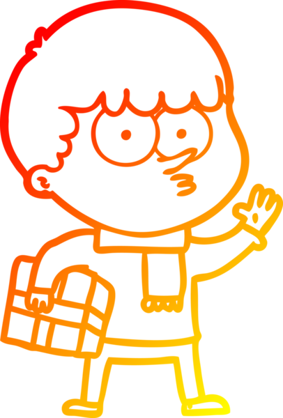 İnsan tarafından çizilmiş bir hediye taşıyan, çizgi film meraklısı bir çocuğun sıcak çizgi çizimi.