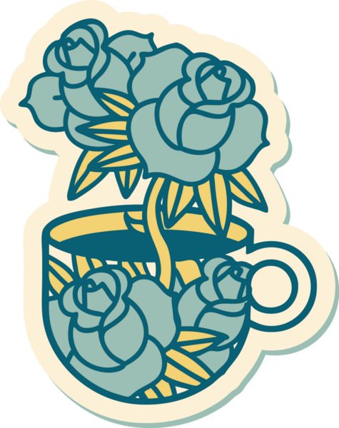 Geleneksel bir kupa stili dövme çıkartması ve bir insan tarafından çizilmiş çiçekler.