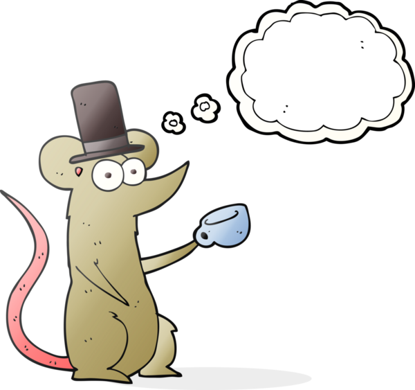 Bir insan tarafından çizilmiş fincanlı ve silindir şapkalı baloncuk çizgi film faresi.