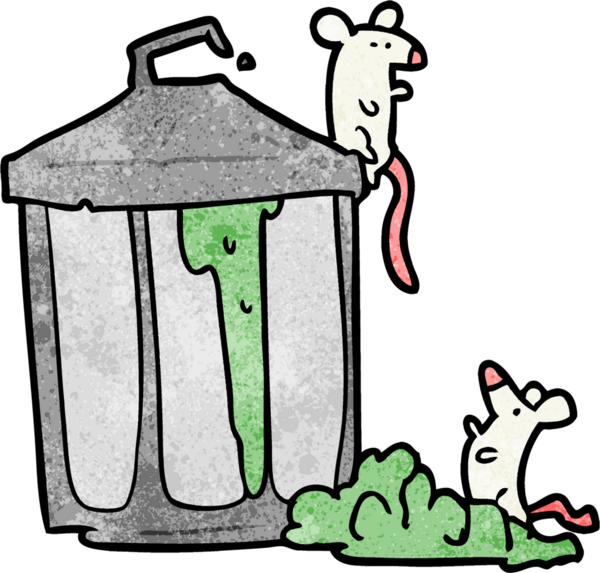 Bir insan tarafından çizilmiş fareli eski metal çöp tenekesi.