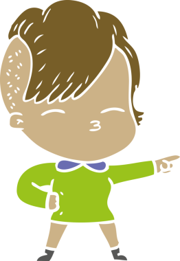 Düz renkli çizgi film çizen kız bir insan tarafından çizilmiş.