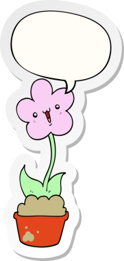 Bir insan tarafından çizilmiş baloncuk çıkartmalı şirin bir karikatür çiçeği.