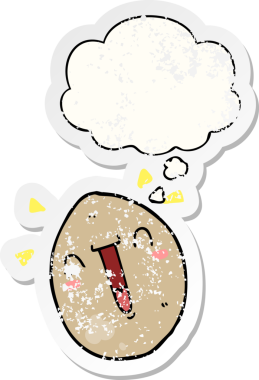 Düşünce baloncuğu olan mutlu bir çizgi film. Bir insan tarafından çizilmiş yıpranmış bir çıkartma gibi.