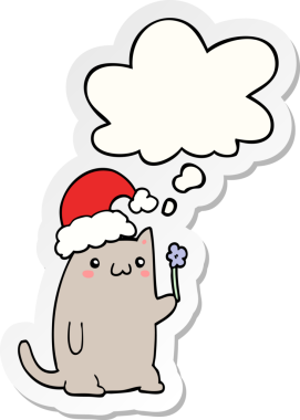 Bir insan tarafından çizilmiş bir çıkartma gibi düşünce baloncuklu şirin bir çizgi roman kedisi.