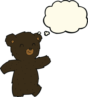 Bir insan tarafından çizilmiş düşünce baloncuğu olan sevimli çizgi film kara ayısı.