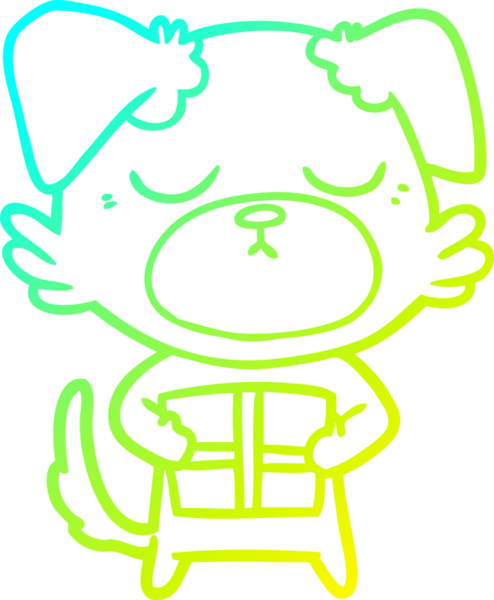 Bir insan tarafından çizilmiş noel hediyeli şirin bir köpeğin soğuk gradyan çizimi.