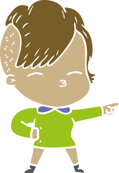 Düz renkli çizgi film çizen kız bir insan tarafından çizilmiş.