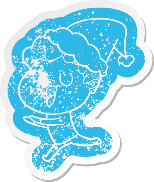 Komik karikatür. Koşan bir adamın, Noel Baba şapkası takıp, bir insanın çizdiği bir çıkartma.