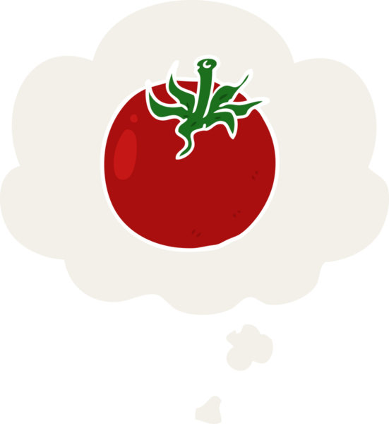 Düşünce baloncuklu karikatür domatesi insan tarafından çizilmiş.