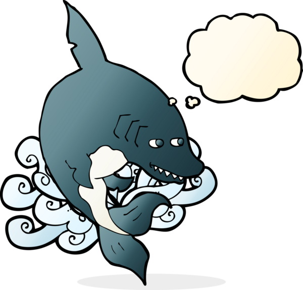 Bir insan tarafından çizilmiş düşünce baloncuklu komik köpek balığı.