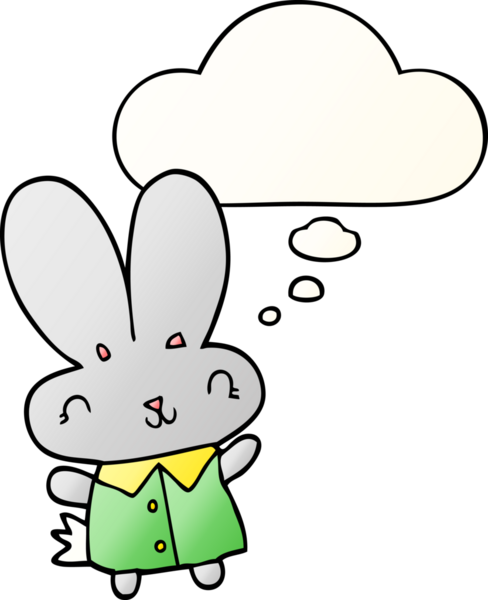 Bir insan tarafından çizilmiş, düşünce baloncuklu şirin çizgi film minik tavşan.