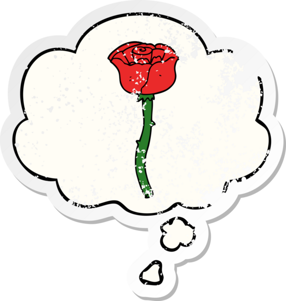 Düşünce baloncuğu olan karikatür çiçeği insan tarafından çizilmiş yıpranmış bir çıkartma gibi.