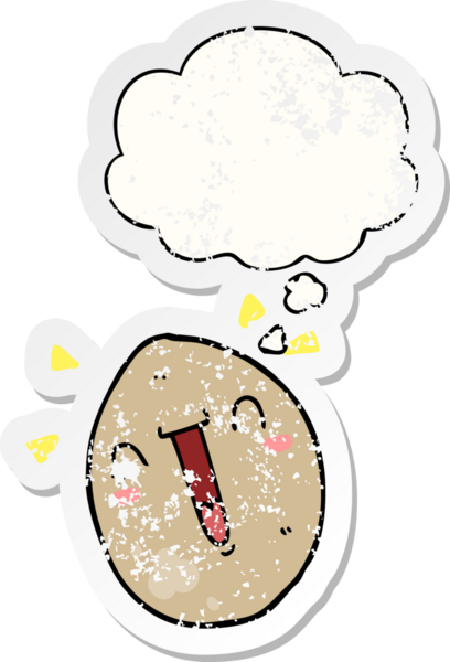 Düşünce baloncuğu olan mutlu bir çizgi film. Bir insan tarafından çizilmiş yıpranmış bir çıkartma gibi.