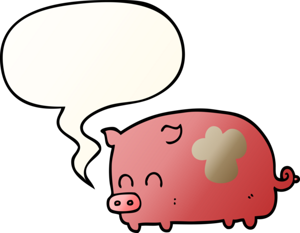 Bir insan tarafından çizilmiş konuşma baloncuklu şirin çizgi film domuzu.