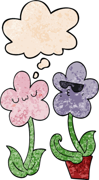 Bir insan tarafından çizilmiş grunge desen tarzında düşünce baloncuğu olan sevimli çizgi film çiçekleri.