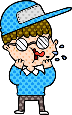 Bir insan tarafından çizilmiş gözlüklü ve şapkalı çizgi film çocuğu.