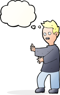 Bir insan tarafından çizilen düşünce baloncuğuyla şok olmuş bir adam.