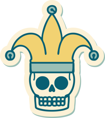 Bir insan tarafından çizilmiş geleneksel bir kafatası soytarısı stili dövme çıkartması.