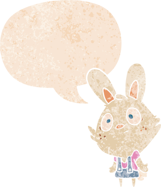 çizgi film tavşanı omuzlarını silkiyor grunge 'da konuşma baloncuğuyla sıkıntılı retro tarzı bir insan tarafından çizilmiş