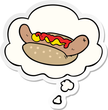 Düşünce baloncuklu çizgi film sosislisi insan tarafından çizilmiş bir çıkartma.