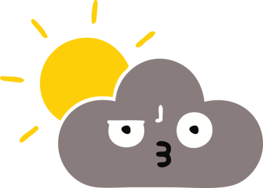 Bir fırtına bulutu ve bir insan tarafından çizilen güneşin düz renkli retro karikatürü