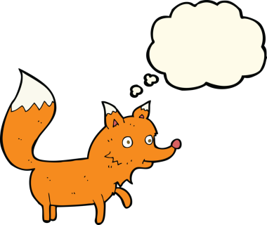 Bir insan tarafından çizilmiş düşünce balonlu tilki yavrusu.