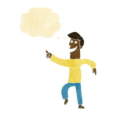 Bir insan tarafından çizilmiş düşünce baloncuğu ile sırıtan çizgi film adamı.