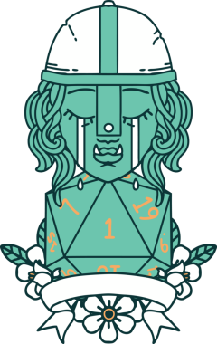 Retro Dövme Tarzı Ağlayan Ork Savaşçısı Karakteri Bir insan tarafından çizilmiş doğal bir D20 rulosu