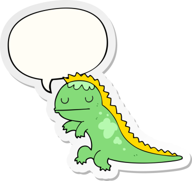Bir insan tarafından çizilmiş konuşma balonu çıkartmalı karikatür dinozoru.