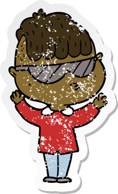 Bir insan tarafından çizilmiş güneş gözlüğü takan çizgi film karakterinin sıkıntılı çıkartması.