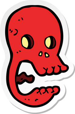 Bir insan tarafından çizilmiş komik bir kafatası çıkartması.