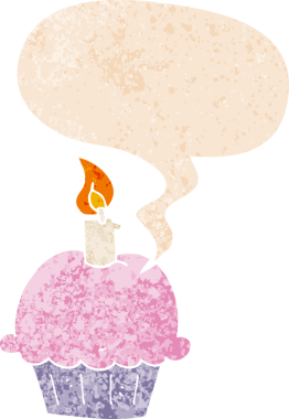 Bir insan tarafından çizilmiş grunge dertli retro desenli konuşma baloncuklu doğum günü pastası.